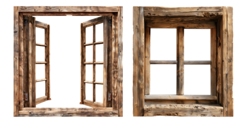 Set of natural wooden window isolated on transparent background