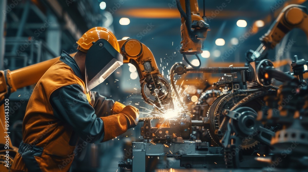 Poster workers in safety suits work robotic arm software programming or replacing parts in the automated ma