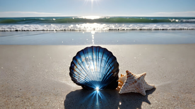 Shellfish sitting on the beach The sea is blue There are shiny shells on the beach. Kaew sat in the middle of the sand on the beach, the sun shining through the blue shell.
