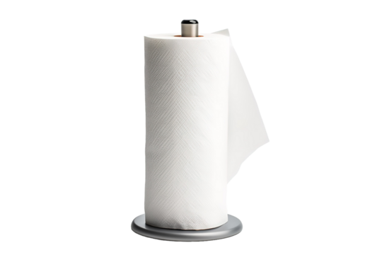 A Crisp White Paper Towel Roll Ready for Use in a Kitchen Setting on a Clear PNG or White Background.