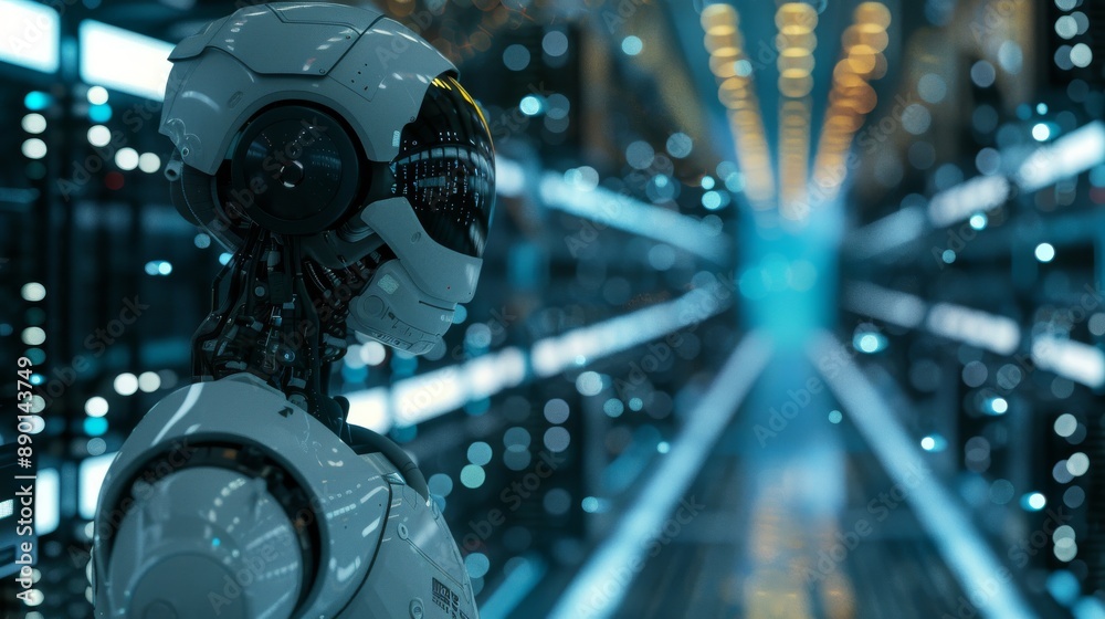 Poster a trading robot standing and analyzing the graph of crypto trading for market analysis using generat