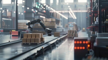 Obraz premium The logistics technology improves productivity and reduces injured workers. This close-up shows a warehouse robot stacking boxes on a pallet.