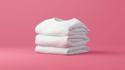 Fototapeta premium A neatly folded stack of white shirts is placed against a pink background, creating a clean and minimalistic aesthetic.