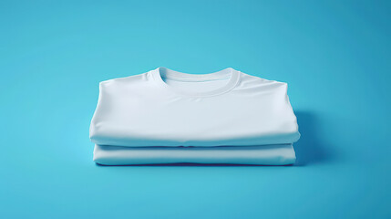 A neatly folded light blue T-shirt lies on top of another, placed on a smooth, matching blue background.