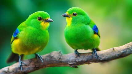 Obraz premium Two green birds are perched on a branch. The birds are small and appear to be looking at the camera. The image has a peaceful and serene mood, as the birds seem to be enjoying their time on the branch