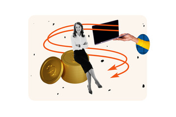 Creative picture collage young businesswoman golden coins online web trader laptop stack tokens rich wealthy successful investor