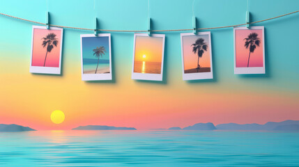 Polaroid photos of serene beach sunsets and palm trees hanging on a string against a sunset sky over a calm ocean backdrop.