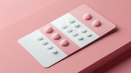 A blister pack of white and pink pills is displayed against a pink background, with minimalistic and aesthetic design elements.