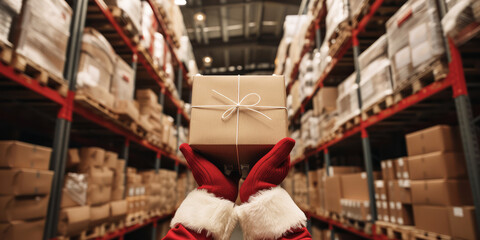 Christmas delivery service, Santa Claus holding cardboard box in warehouse storage, concept of holiday package sending, online retail shopping order distribution, business banner with copy space