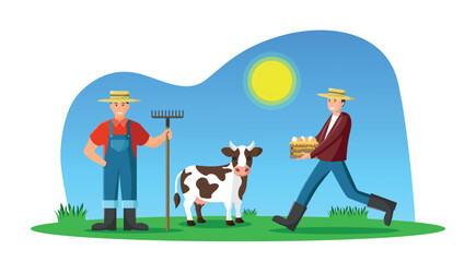 Farmers with a cow on a meadow. Summer sunny day. Box with eggs. Vector flat illustration.