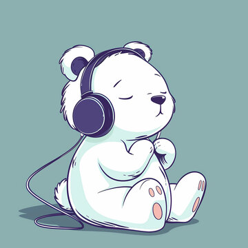 recommend clip art: Cute teddy bear enjoying listening to music, wearing headphones, sitting on the floor, eyes closed