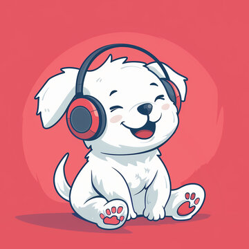 recommend clip art: Cute puppy, little dog listening to music, wearing headphones, sitting on the floor, eyes closed