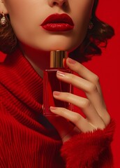 Woman Wearing Red Sweater Holding Perfume Bottle
