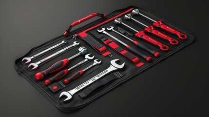 Fototapeta premium A neatly organized tool kit with various wrenches, screwdrivers, and sockets in a black and red carrying case, ideal for mechanical work and repairs.