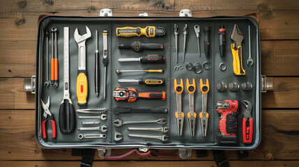 An organized toolbox containing various hand tools, including wrenches, screwdrivers, pliers, and a power drill, neatly arranged on a wooden background.