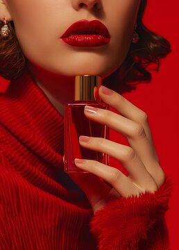 Glamour red lipstick beauty portrait, close-up woman holding perfume bottle, luxury makeup and fragrance advertising concept