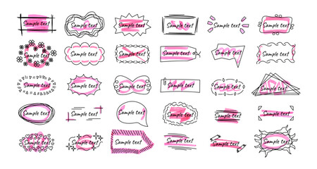 Set of frames for text in hand drawn style. The effect of a pink marker or highlighter. Vector text boxes of various shapes isolated on white background