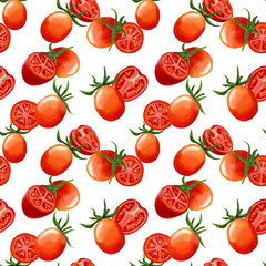 Seamless pattern with  red Tomatoes whole and halfes