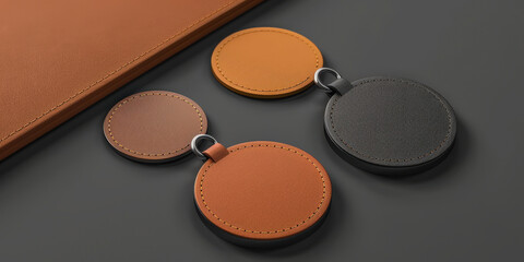 Four round leather keychains, two brown and two black, arranged neatly on a dark surface next to a rectangular leather item.