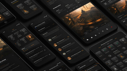 Dark-themed app interface designs showcased on multiple smartphone screens, highlighting modern aesthetics with text, icons, menus, and a visually engaging dashboard.