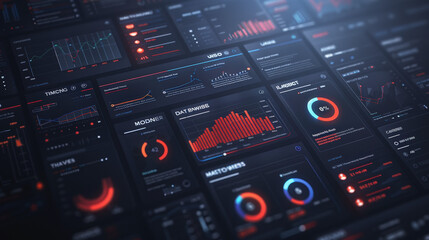 An array of digital dashboards displaying various graphs, charts, and metrics, representing data analytics and performance metrics in a high-tech, modern interface.