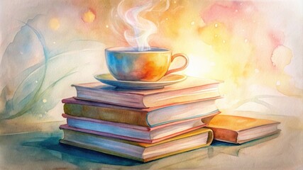 Naklejka premium Stack of books and hot tea