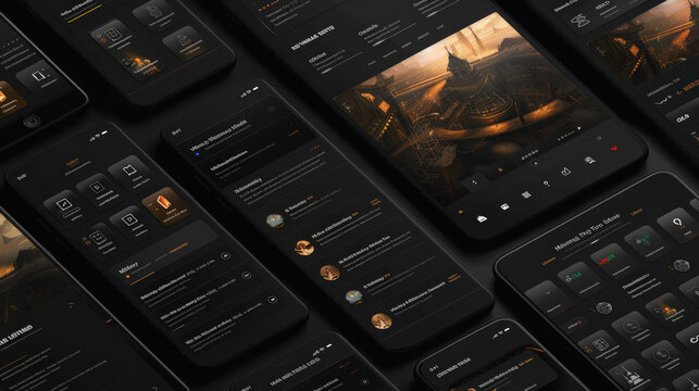 Dark-themed app interface designs showcased on multiple smartphone screens, highlighting modern aesthetics with text, icons, menus, and a visually engaging dashboard.