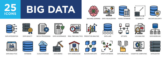 Big Data, technology, data, digital, network, information icon set. icons collection. Simple vector illustration