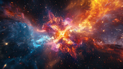 Dramatic supernova explosion with fiery colors and a galaxy backdrop, illustrating astronomical wonders.