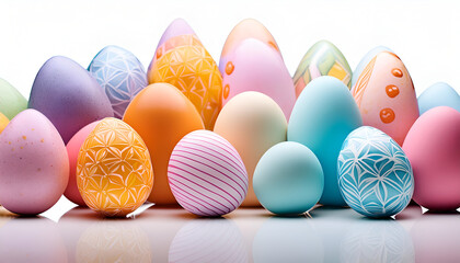 Decorated Easter Eggs Arranged in a Row on White Background