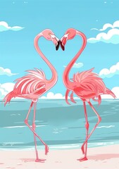 Obraz premium illustration of two pink flamingos forming a heart shape with their necks on the beach at sunset - Generative ai