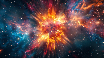 Fiery supernova with vivid colors and a galaxy backdrop, representing the explosive power of the cosmos.
