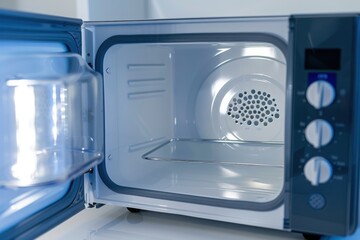 Open Empty Microwave Oven with Blue Interior
