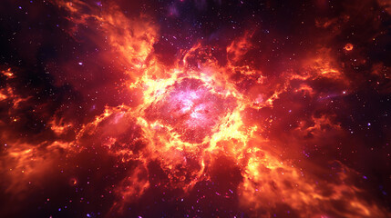 Naklejka premium Fiery supernova with vivid colors and a galaxy backdrop, representing the explosive power of the cosmos.