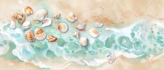 Tranquil Beachscape: Watercolor Illustration of Sandy Shoreline with Seashells