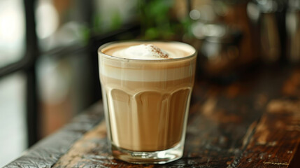 Oat milk latte topped with thick foam in a glass.