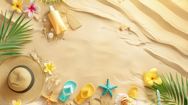 Beach Essentials: Hat, Flipflops, Sun Cream on Sand - Decorative Resin Sheets with Lush Colors, Contax Tix Style Photo-realistic Landscape Background, Floral Motifs