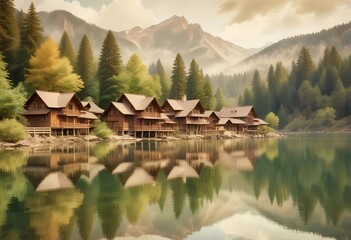 Fototapeta premium Wooden mountain houses on the shore of the lake, surrounded by forest and mountains