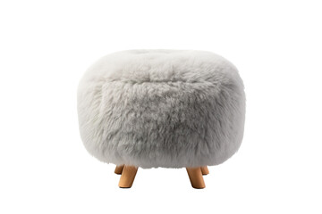 Fluffy Grey Ottoman With Wooden Legs on a Clear PNG or White Background.