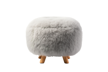 Fluffy Grey Ottoman With Wooden Legs on a Clear PNG or White Background.