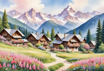 A picturesque wooden village at the foot of the mountains. Wooden houses surrounded by trees, mountains with snow-capped peaks visible in the background