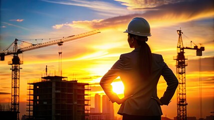 Silhouette of a female engineer in a hard hat at sunset, with a construction site in the background, symbolizing progress.
