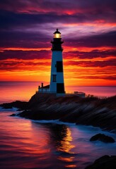 majestic lighthouse silhouetted twilight sea horizon beauty, coastal, scenic, dusk, navigation, maritime, tower, beacon, ocean, sunset, structure, water