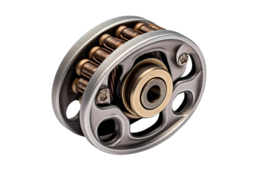 A Close-Up of a Silver and Bronze Gear System With a Center Bearing on a Clear PNG or White Background.