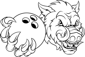 A wild boar, hog razorback warthog pig mean tough cartoon sports mascot holding a bowling ball
