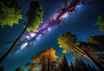 Fototapeta premium majestic night sky celestial bodies over remote woodland canopy, stars, moon, forest, trees, woods, nature, astronomy, galaxy, universe, cosmos, wilderness