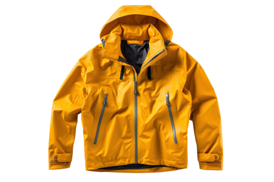 A Bright Yellow Rain Jacket Ready For Adventure on a Clear PNG or White Background.