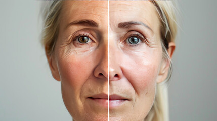 A woman in her 60s shows off her face before and after getting cosmetic procedures like skin tightening, mesotherapy, and face-building.