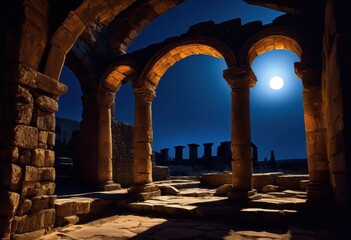 Fototapeta premium moonlit shadows over ancient ruins, moonlight, night, dark, eerie, historic, architecture, light, old, mysterious, mystical, atmospheric, historical, stone,