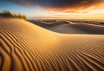 Naklejka premium ocean beach sand dunes under windy sky, waves, horizon, coastal, landscape, nature, environment, outdoor, seascape, coastline, shore, seas, scenery, vista